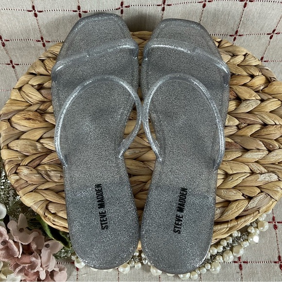 Set of 2 Steve Madden “PIKE” Jelly Flip Flop Sandals Size 9 Black & Silver New - Picture 7 of 8